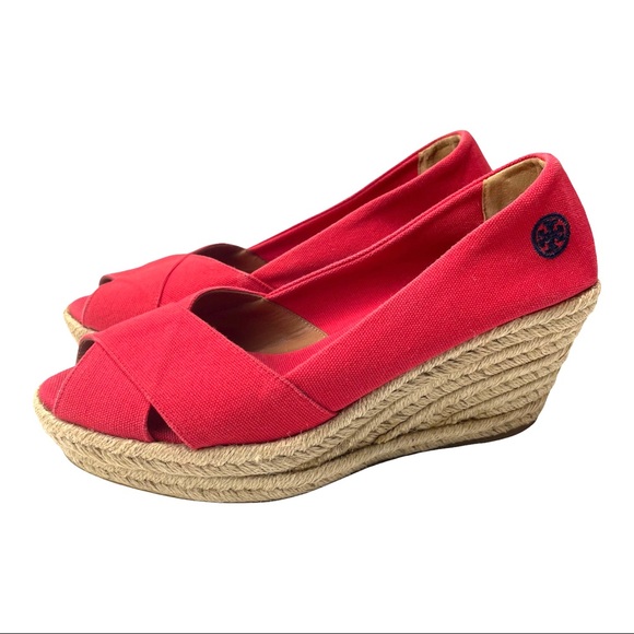 Tory Burch Womens Espadrille Wedge Sandals Filipa 11 B Red Canvas Peep Toe EUC - Picture 1 of 8